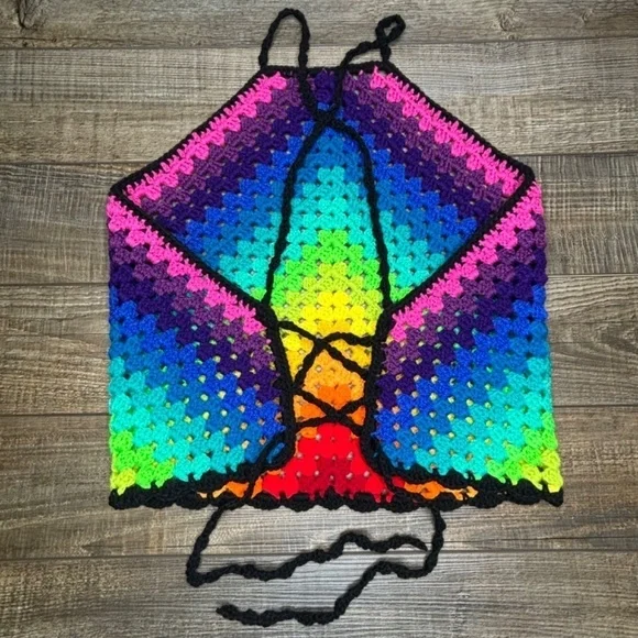 Handcrafted Crochet Halter Top Rainbow Granny Acrylic Yarn Art Handmade Knit - Picture 14 of 16